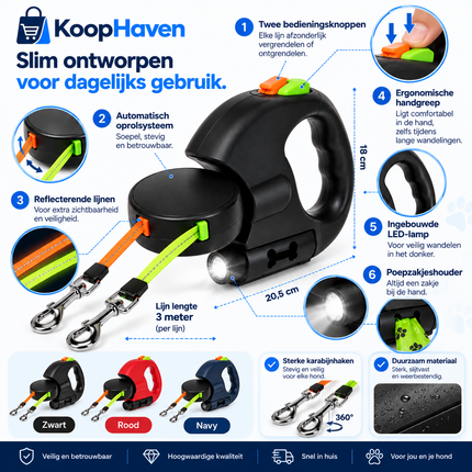 DuoLijn™ | Automatische Dubbele Hondenriem