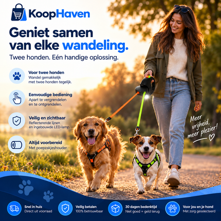 DuoLijn™ | Automatische Dubbele Hondenriem